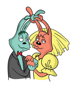 一对夫妇爱卡通兔子与耳相连。兔子的婚礼。矢量图，白上孤立