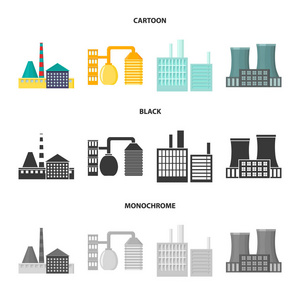 工业生产。工厂集合图标在卡通, 黑色, 单色风格矢量符号股票插画网站