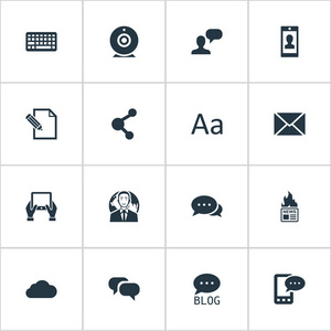 矢量图组的简单的博客图标。元素八卦 广播 记事本和其他同义词的讨论中，相机和写作