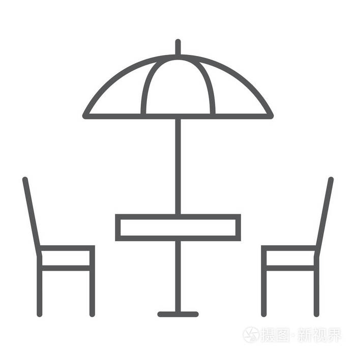 插画 街边咖啡馆细线图标, 桌椅, 雨伞符号矢量图形, 一个线性图案