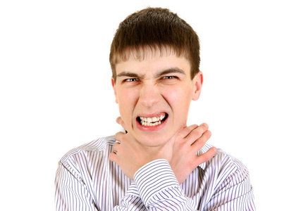 在白色背景孤立的紧张的年轻人照片