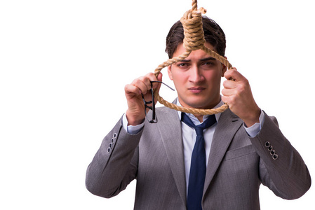 破产商人上吊上白色孤立照片