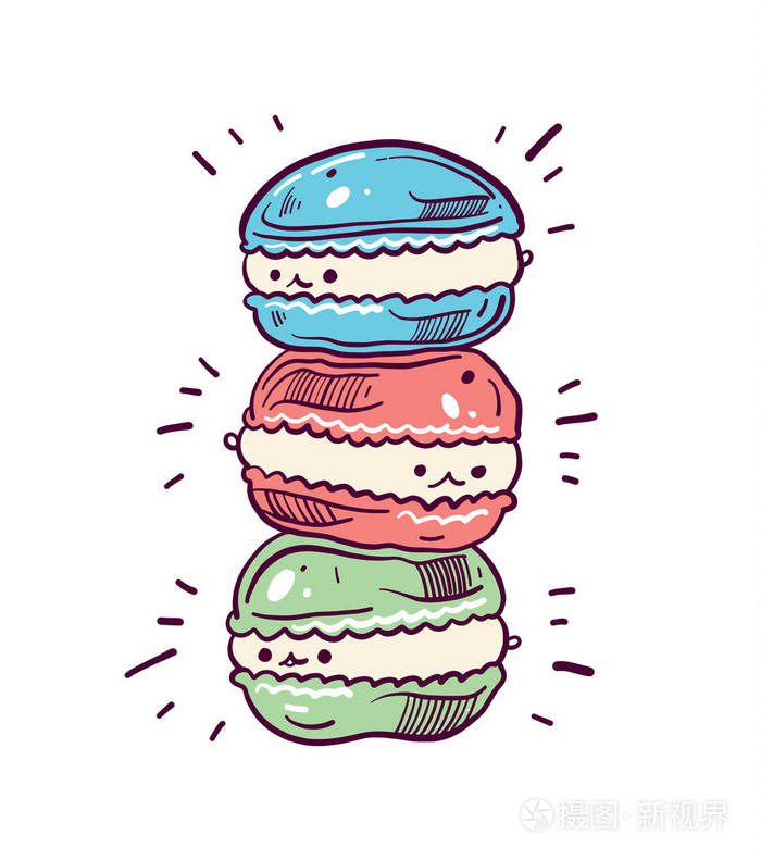 可爱马卡龙矢量插图在白色背景下隔离.甜美有趣的杏仁字符为您的设计