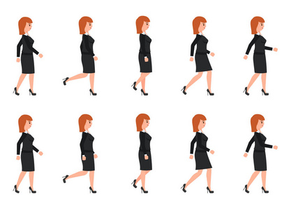 穿着黑色西装的年轻女子行走顺序。运动卡通人物的矢量插画