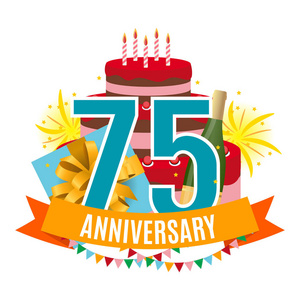 模板75周年祝贺, 贺卡与蛋糕, 礼品盒, 烟花和丝带邀请向量插图