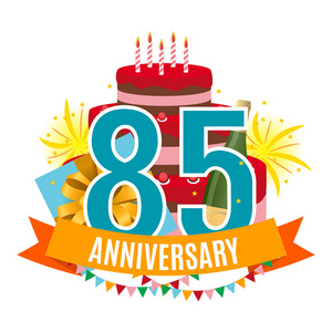 模板85周年祝贺, 贺卡与蛋糕, 礼品盒, 烟花和丝带邀请向量插图