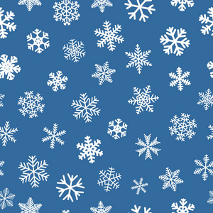 圣诞节无缝图案的雪花, 白色的蓝色背景