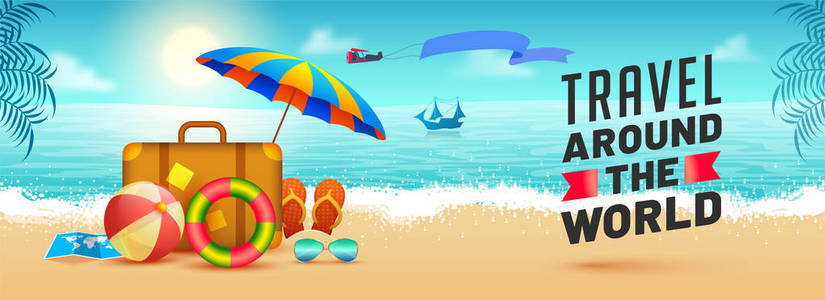 环游世界, 网页横幅设计与旅行袋, 排球, 拖鞋和海滩景观