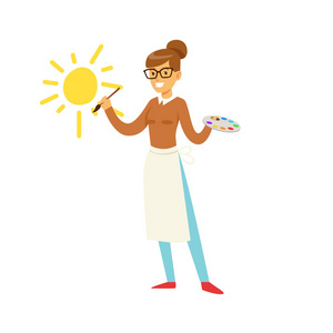 绘画白浅微笑的老师举行艺术调色板和绘画太阳在白墙上.