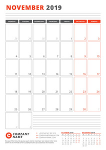 2019年11月的日历模板。业务规划器模板。文具设计。星期从星期一开始。纵向方向。矢量插图
