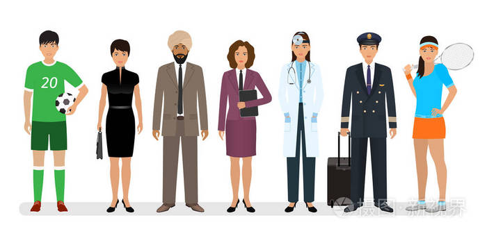 七人, 有不同的职业.就业和劳动节横幅.员工和工人的角色站在一起.