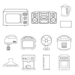 家用电器的类型在设计集集合中的轮廓图标。厨房设备矢量符号库存 web 插图