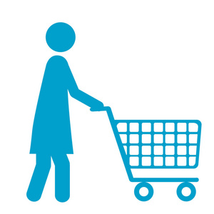 蓝色的轮廓的象形图女人与购物车