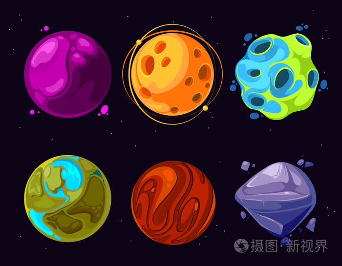 空间行星, 小行星, 月亮, 梦幻般的世界游戏矢量卡通图标