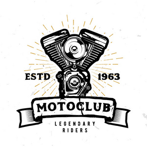 Motoclub 会徽 徽章 标志 标签与高详细的摩托车发动机在单色风格