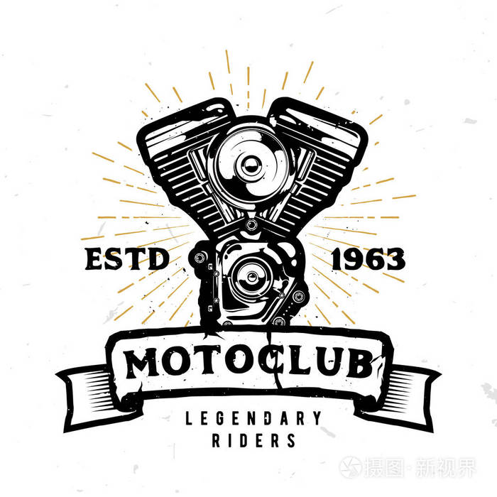 motoclub 会徽, 徽章, 标志, 标签与高详细的摩托车发动机在单色风格