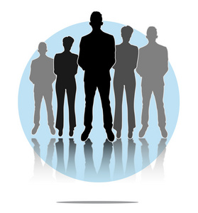 男人和女人企业集团与浅蓝色的圆圈背景的插图