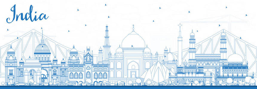 勾勒出印度城市天际线与蓝色建筑。德里。海德拉巴。加尔各答。矢量插图。具有历史性建筑的旅游和旅游概念。印度城市景观与地标