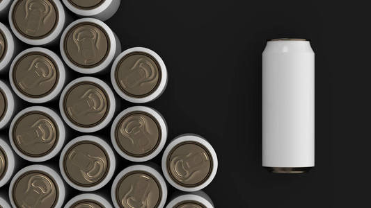 黑色背景上的大白色汽水罐。饮料样机。锡包啤酒或饮料。3d 渲染插图