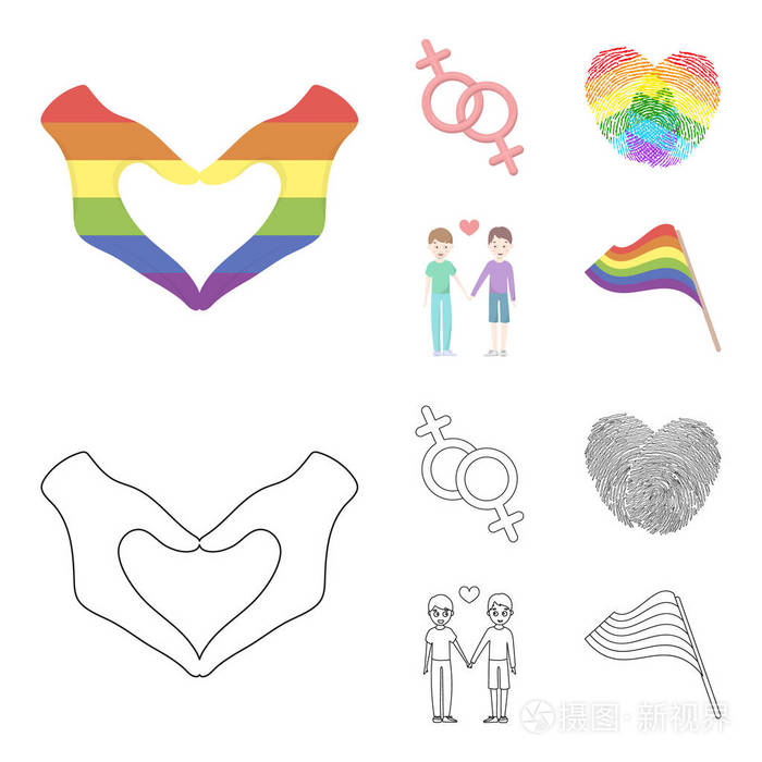 手, 女权主义, 指纹同性恋集合图标在卡通, 轮廓风