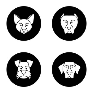 犬种雕文图标集。边境牧羊犬, 坑公牛, 微型纳瑞, 德国短毛指针。黑色圆圈中的矢量白色剪影插图
