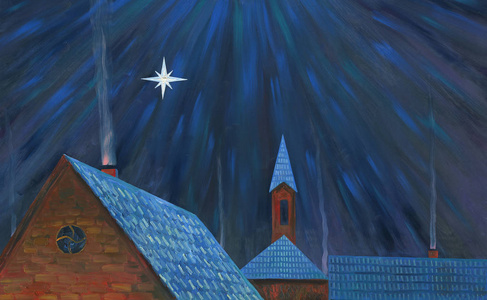 月光在村庄的夜晚.大明星.屋顶的房子.从烟囱里冒出烟来.教会在背景.