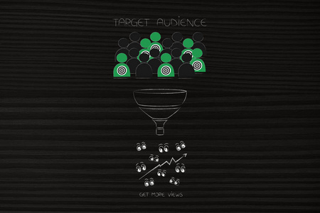市场细分与目标概念例证 人群中的目标受众越过漏斗过滤以查看更多视图和增长