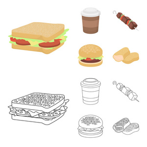 三明治, 咖啡, 羊肉串烤肉串, 汉堡。快餐集合图标在卡通, 轮廓风格矢量符号股票插画网站