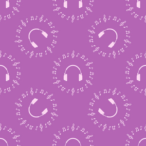 带音符和耳机的矢量音乐图案在粉红色背景下