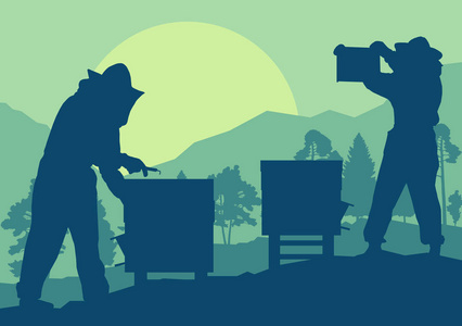 养蜂人与蜜蜂和蜂巢矢量背景景观照片