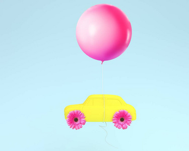花布局轮子和车黄色与粉红色气球漂浮在