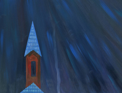 月光在村庄的夜晚。教堂的塔。油画
