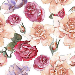 五颜六色的玫瑰。花卉植物花。无缝的背景图案。织物墙纸打印纹理。背景质地包装图案框架或边框的水彩画野花