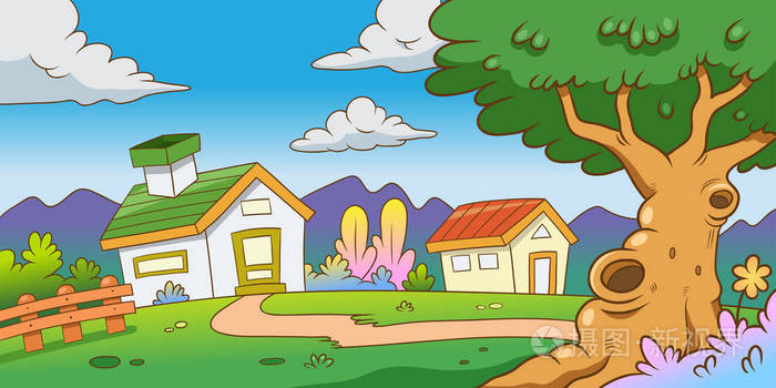 自然风景与房子和树在山以绿色草在明亮的天空
