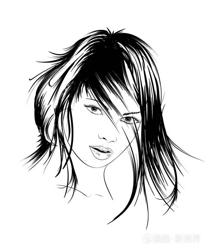 一个时尚女孩的脸素描.时尚女孩的脸.女性面对白色背景