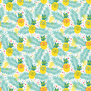 矢量无缝图案与可爱的菠萝和棕榈叶.夏天反复的质地.