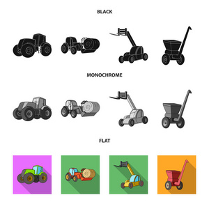 拖拉机, 干草平衡器和其他农业设备。农业机械集合图标黑色, 扁, 单色矢量符号股票插画网站