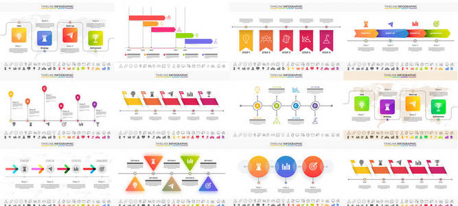 彩色时间线的矢量插图图表集可用于工作流布局演示横幅