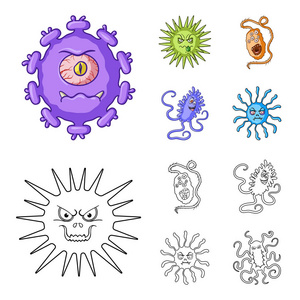 不同类型的微生物和病毒。病毒和细菌集合图标在卡通, 轮廓风格矢量符号股票插画网站