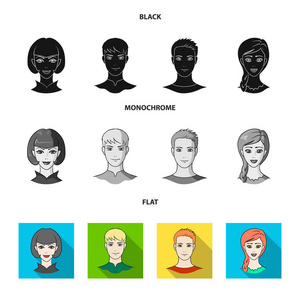 年轻人的不同外貌。头像和脸集图标黑色, 平, 单色风格矢量符号股票插画网站