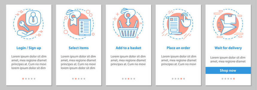 网上购物入职移动应用程序页面屏幕与线性概念。数字路径购买步骤图形说明。带有插图的 UxUiGui 向量模板