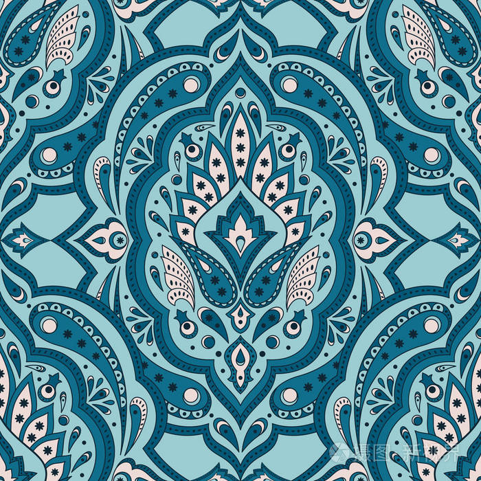 花卉印度佩斯利图案矢量无缝.复古花卉民族装饰品为蜡染布印刷.