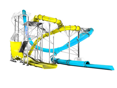 现代黄色和蓝色的水滑梯乘坐的水上公园3d 渲染白色背景无阴影