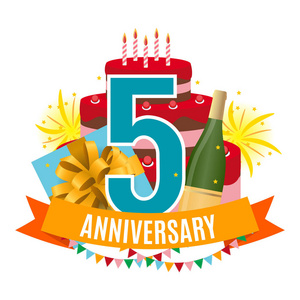 模板5周年祝贺, 贺卡与蛋糕, 礼品盒, 烟花和丝带邀请向量插图照片