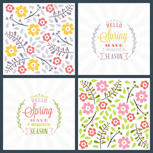 春天的节日贺卡设计。矢量花卉贺卡或海报。浪漫标签与花草图案