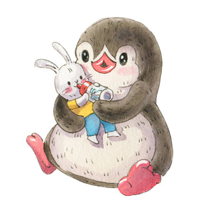 兔子画侧边图插图与滑稽卡通企鹅与玩具兔子, 孤立的白色背景.