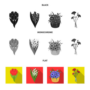 一束鲜花, 黑色, 平, 单色图标在集合中设计。各种花束矢量符号股票插图
