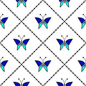 无缝矢量模式与昆虫,蝴蝶对称几何蓝色背景.重复装饰照片