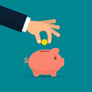 存钱罐和硬币的手彩色插图.矢量的概念照片