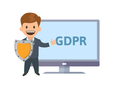 Gdpr 保护器。滑稽卡通人物与盾牌在屏幕前显示 Gdpr 字母。平面矢量图。在白色背景上被隔离